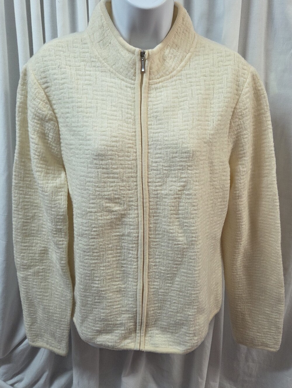 Women's Cream Wool Zip-Front Textured Jacket